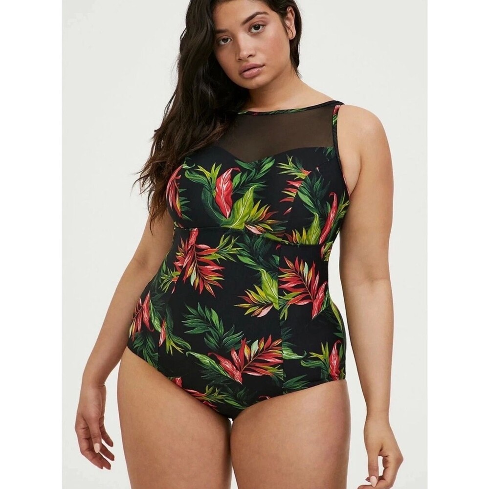 torrid Black Tropical Floral Mesh Yoke One-Piece Swimsuit 1X NEW Wire Bathing